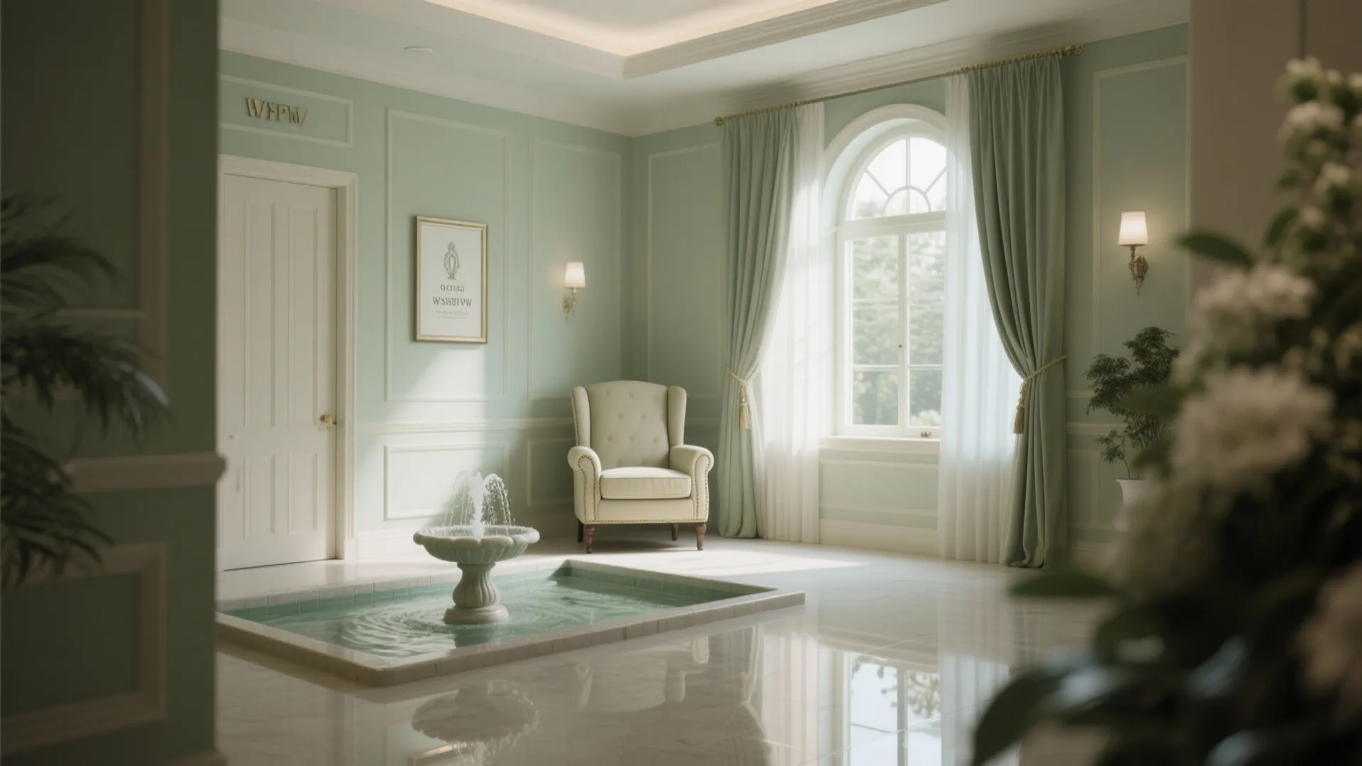 Luxury room with indoor water fountain, light green walls, armchair, curtain, and large arched window