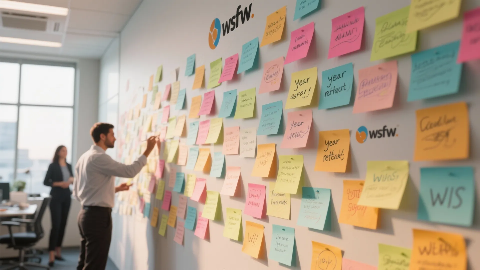 Office wall covered with colorful sticky notes and two people discussing ideas in the background