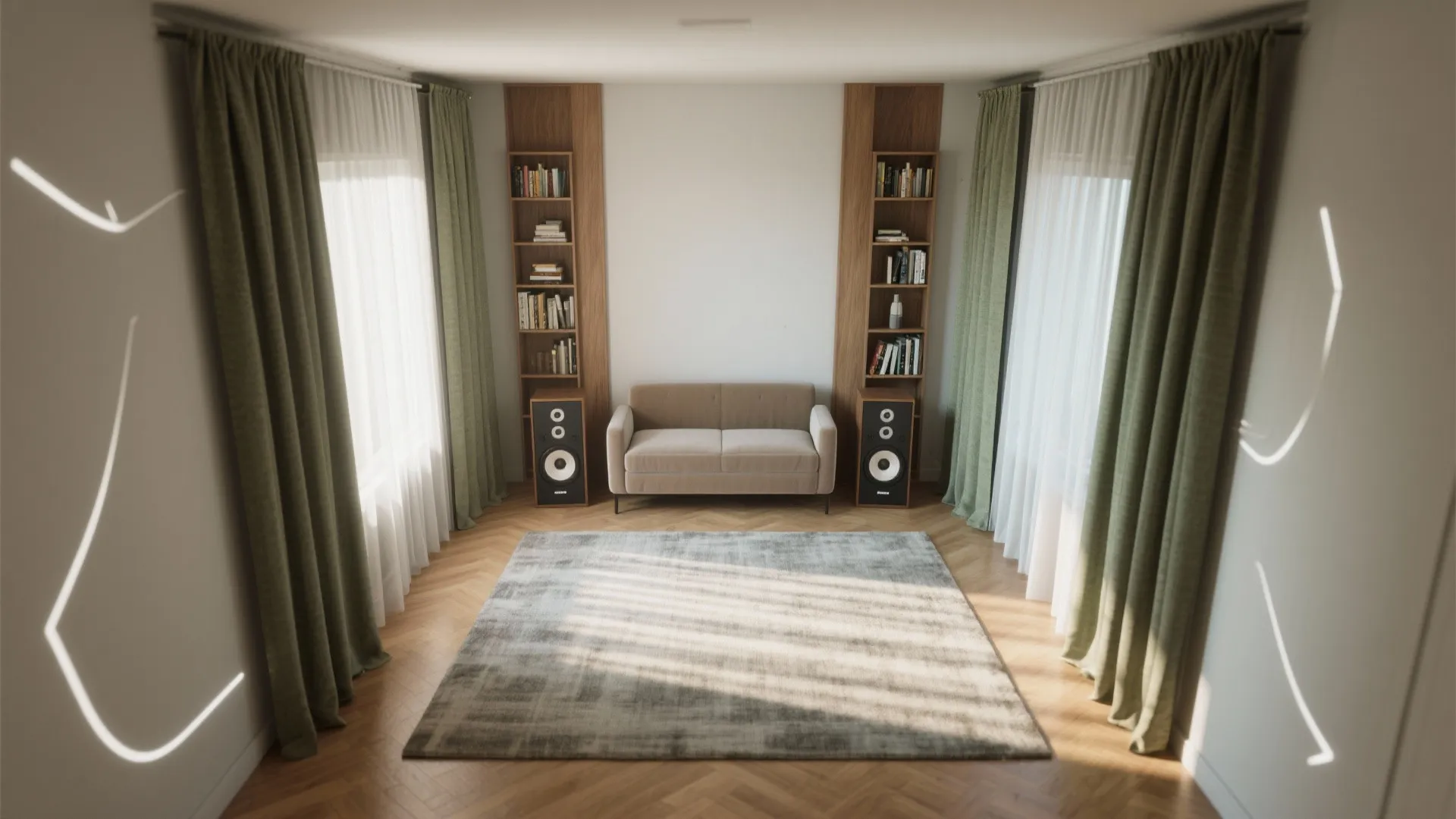 Symmetrical room with small sofa tall bookshelves speakers grey rug green curtains and large bright windows