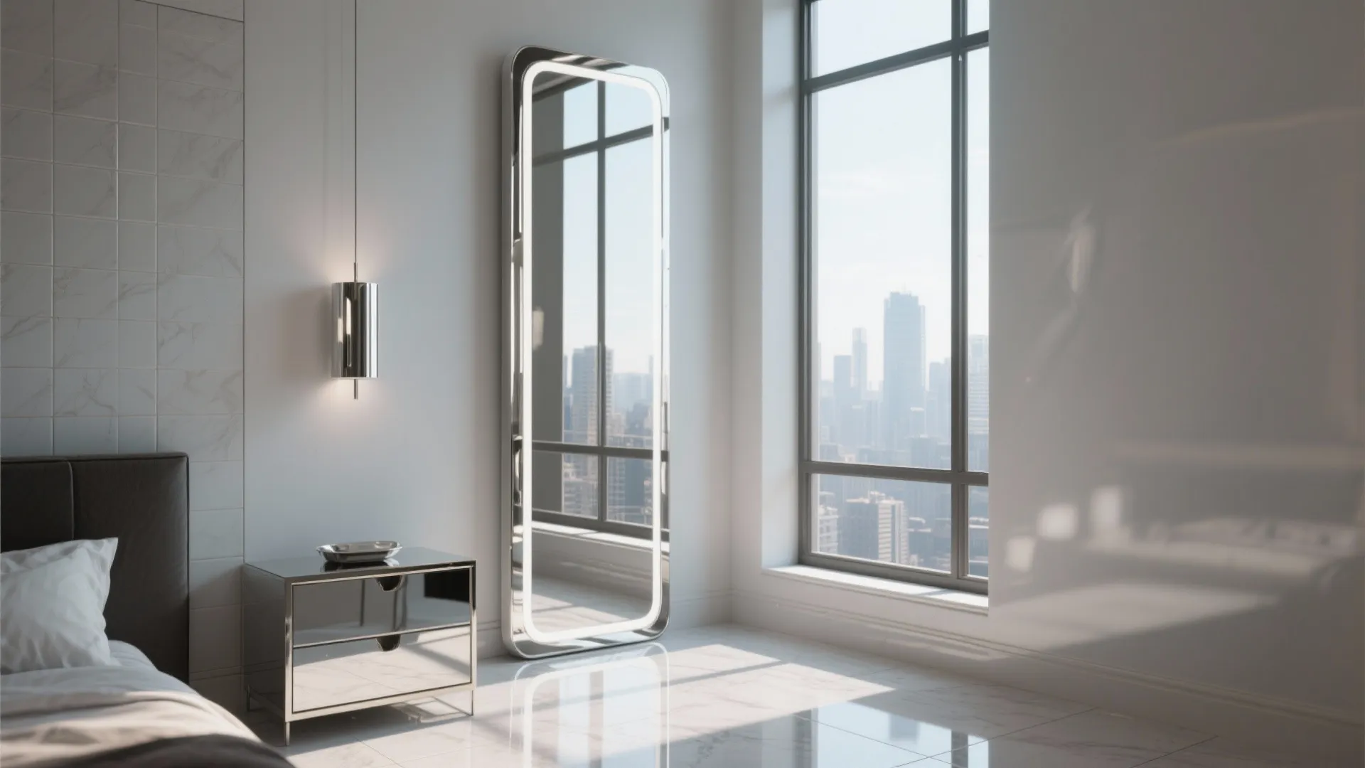 Bright bedroom with a large light-up mirror silver cabinet and big window showing city views