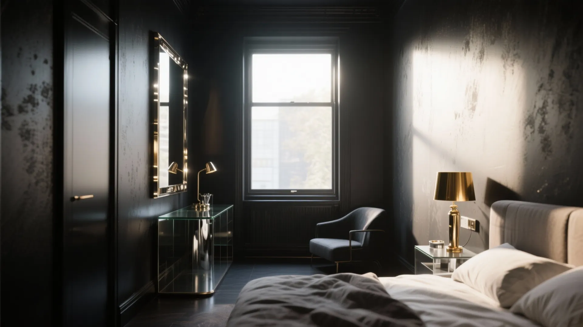 Dark bedroom interior featuring a glass cabinet gold table lamp armchair and bright window with sunlight