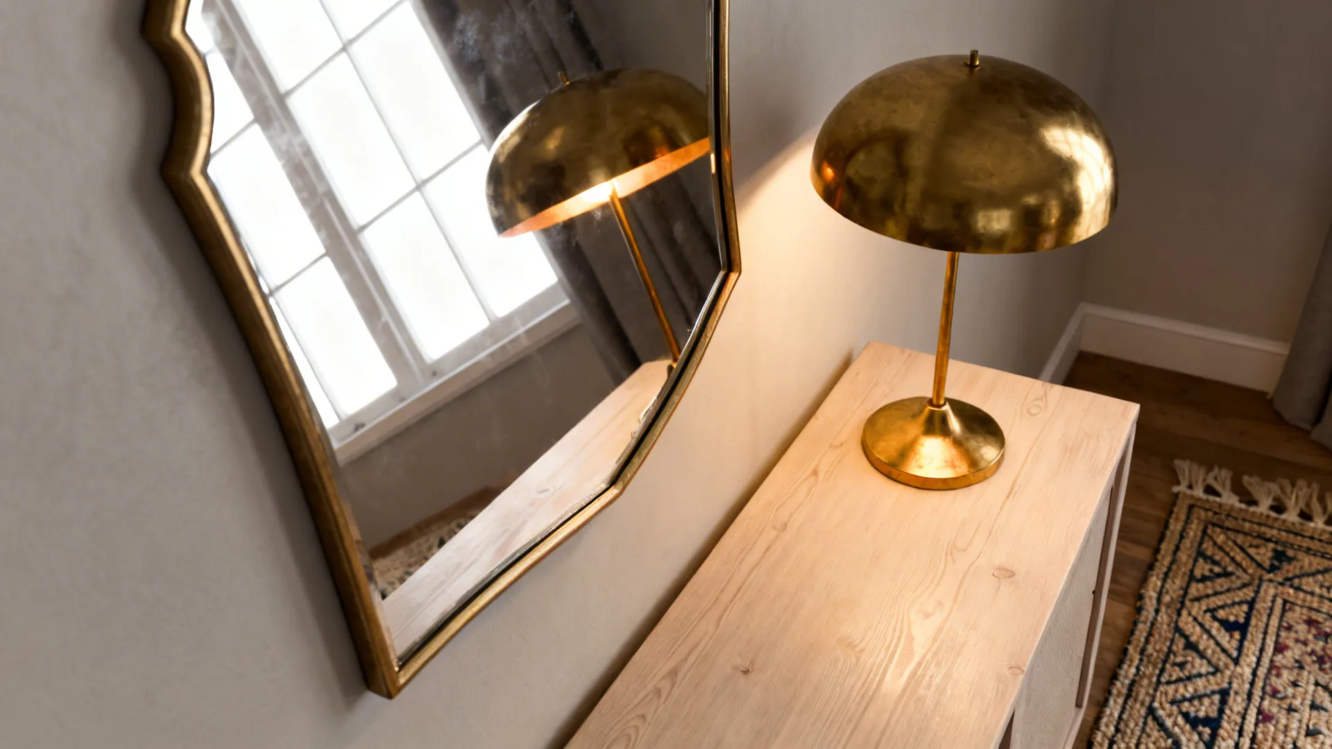 Mirror and brass lamp reflecting daylight with pale wood and woven textures