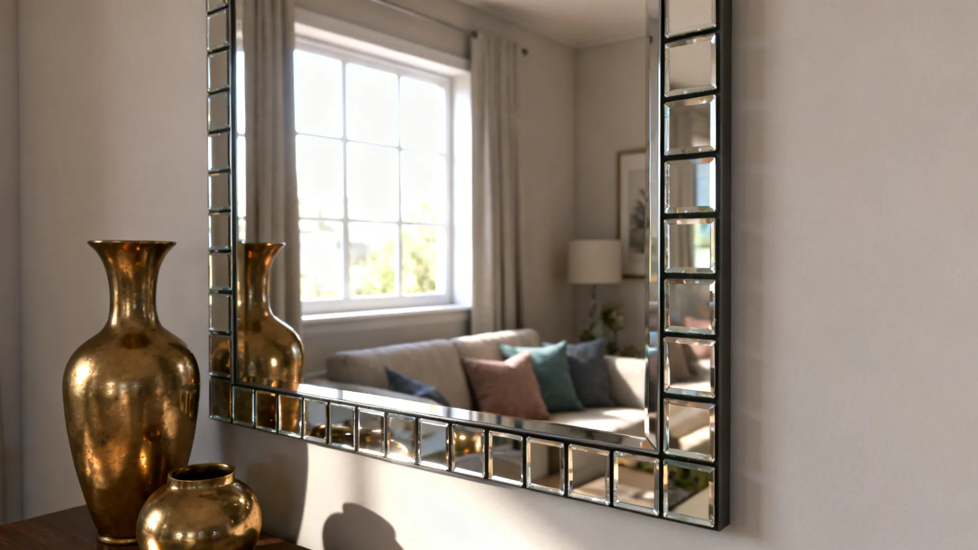 Mirror reflecting window light and brass accents adding sparkle in a small living room.