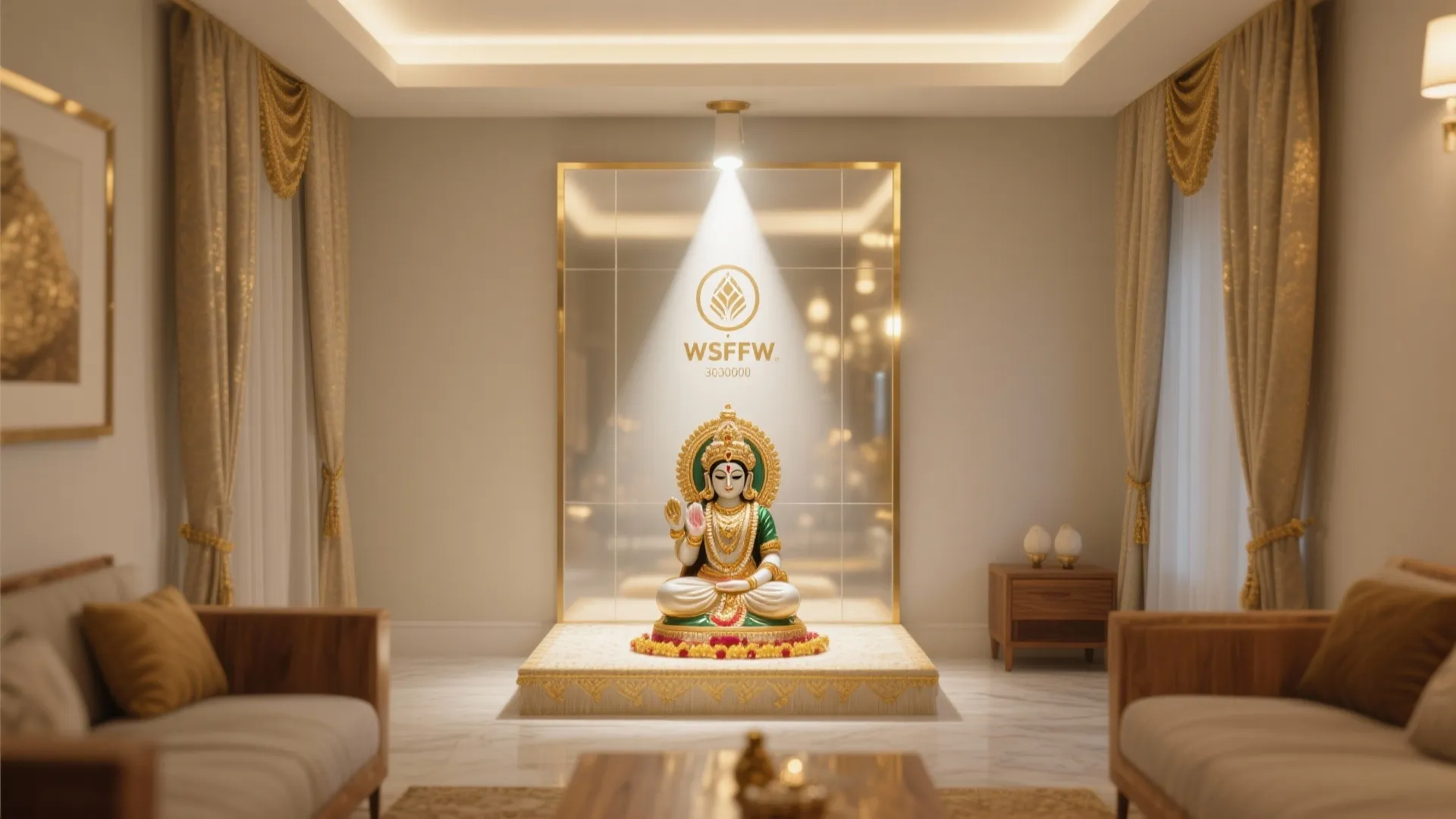 Spiritual room interior design with statue under ceiling light between two sofas and long curtains