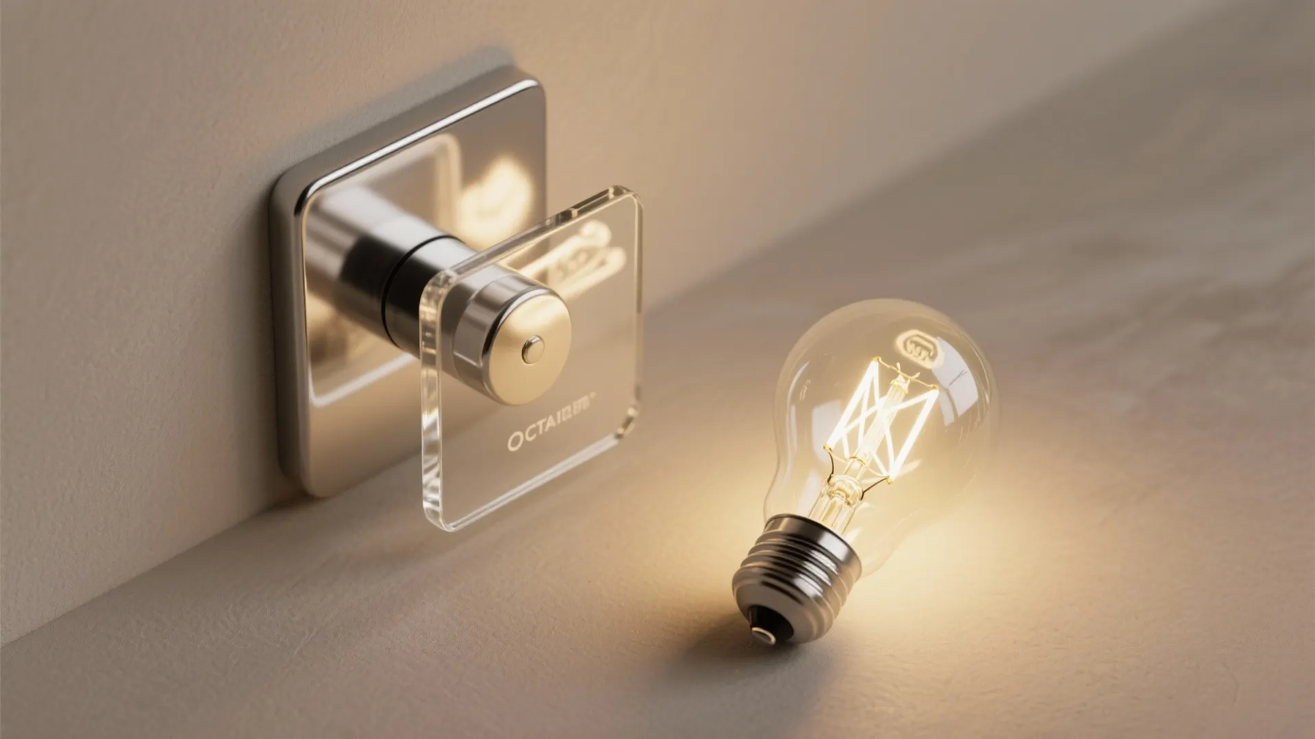 Close up of glass light fixture parts next to a glowing light bulb on table