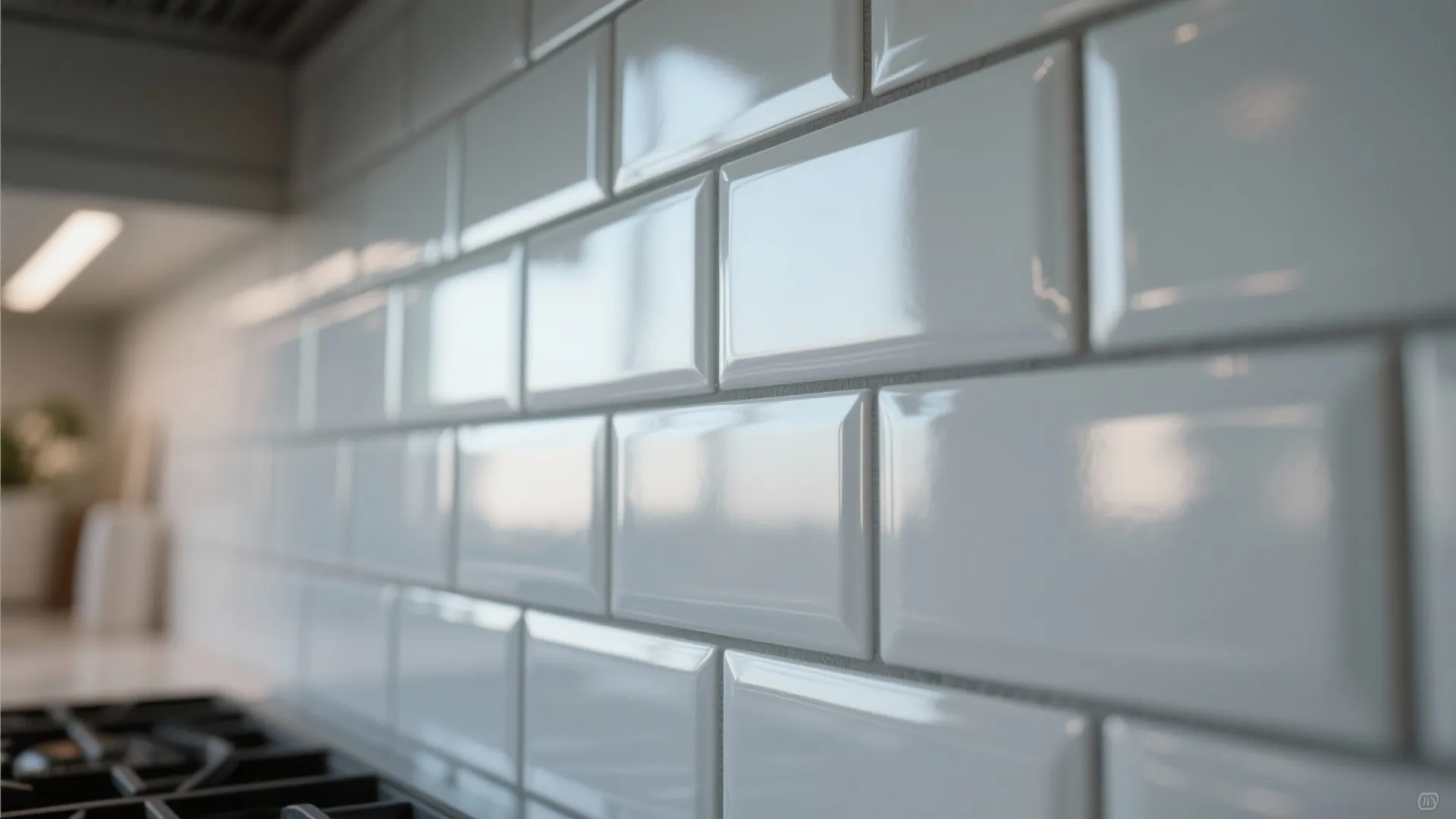 Close up of glossy white brick wall tiles in a kitchen reflecting light from a window