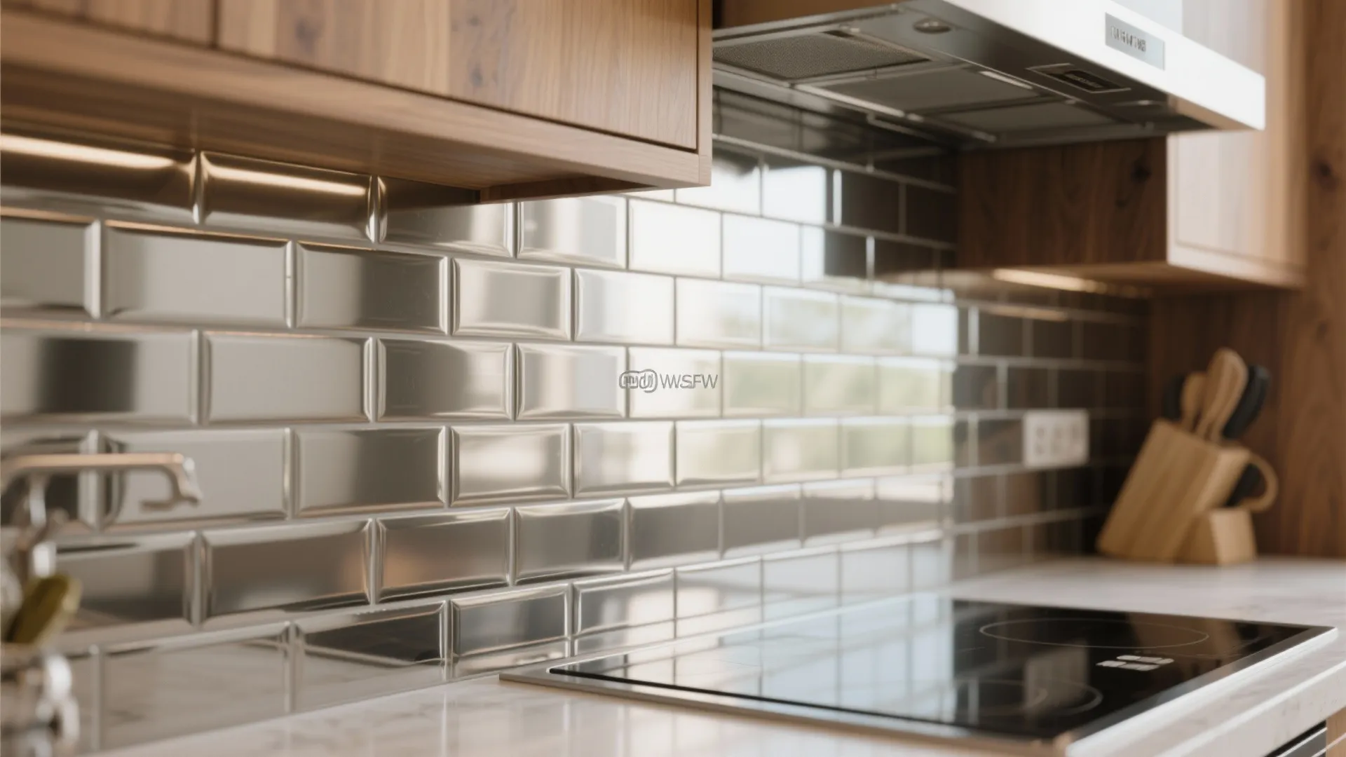 Kitchen wall with shiny silver tiles near electric stove under wooden cabinets and a hood
