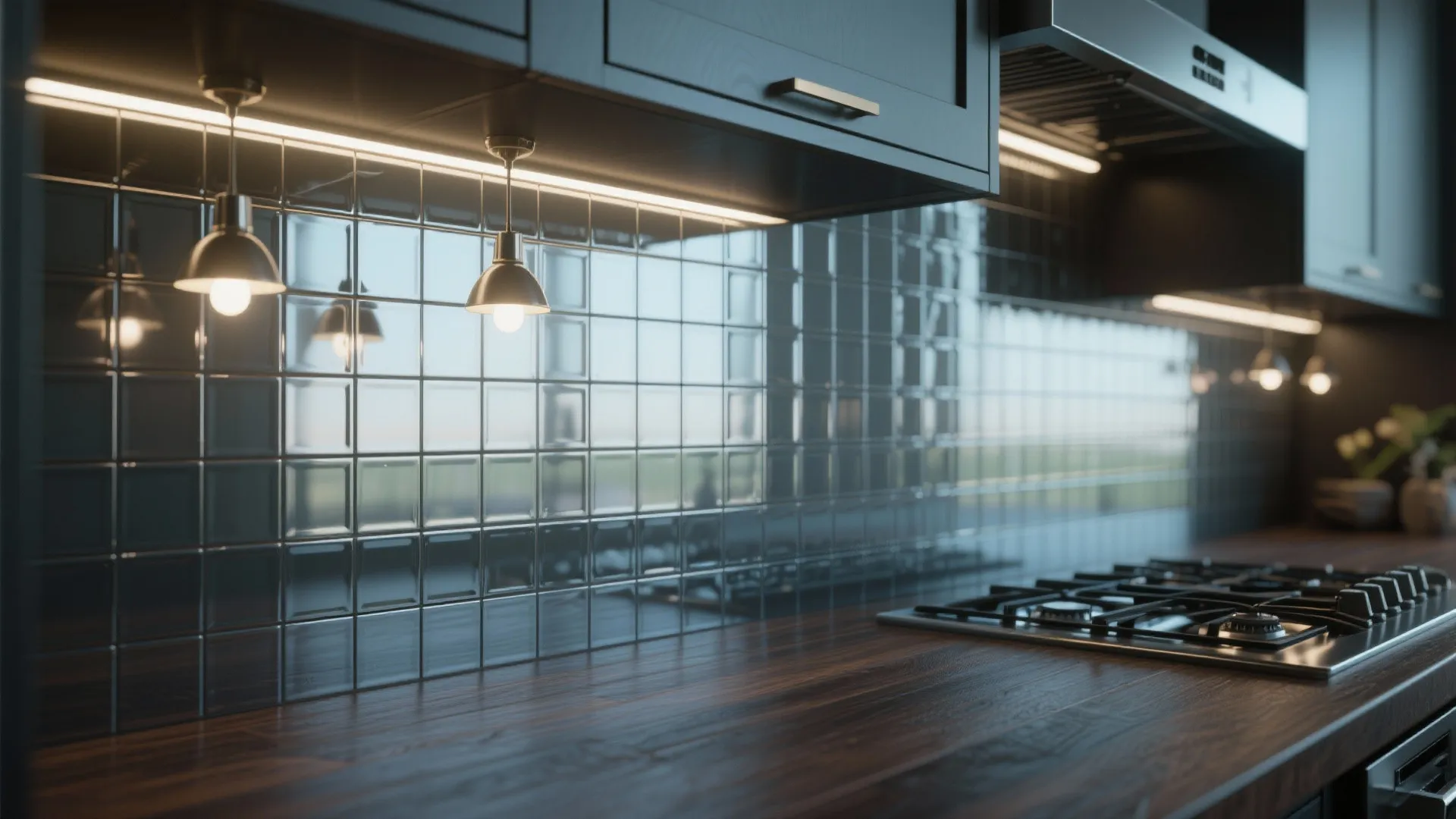 Close up of glossy tile wall under cabinet light with dark wood countertop and stove