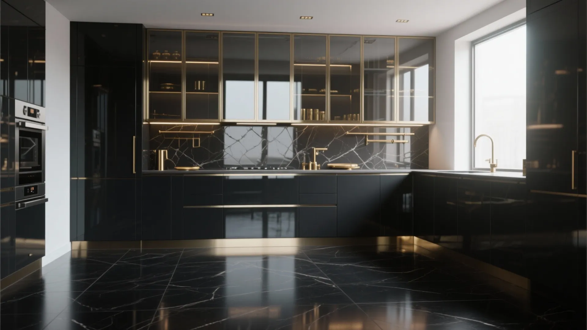 Kitchen with matte black floors and a mirrored backsplash and brass accents that reflect light.