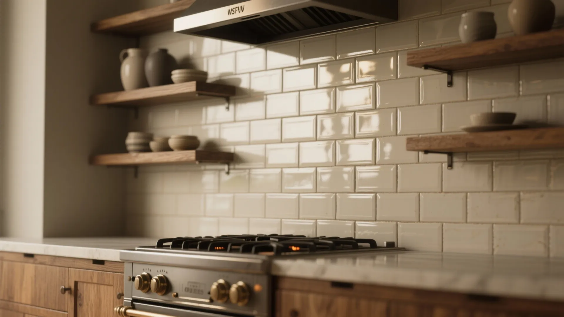Modern kitchen with shiny white wall tile wooden shelves gas stove and metal air vent