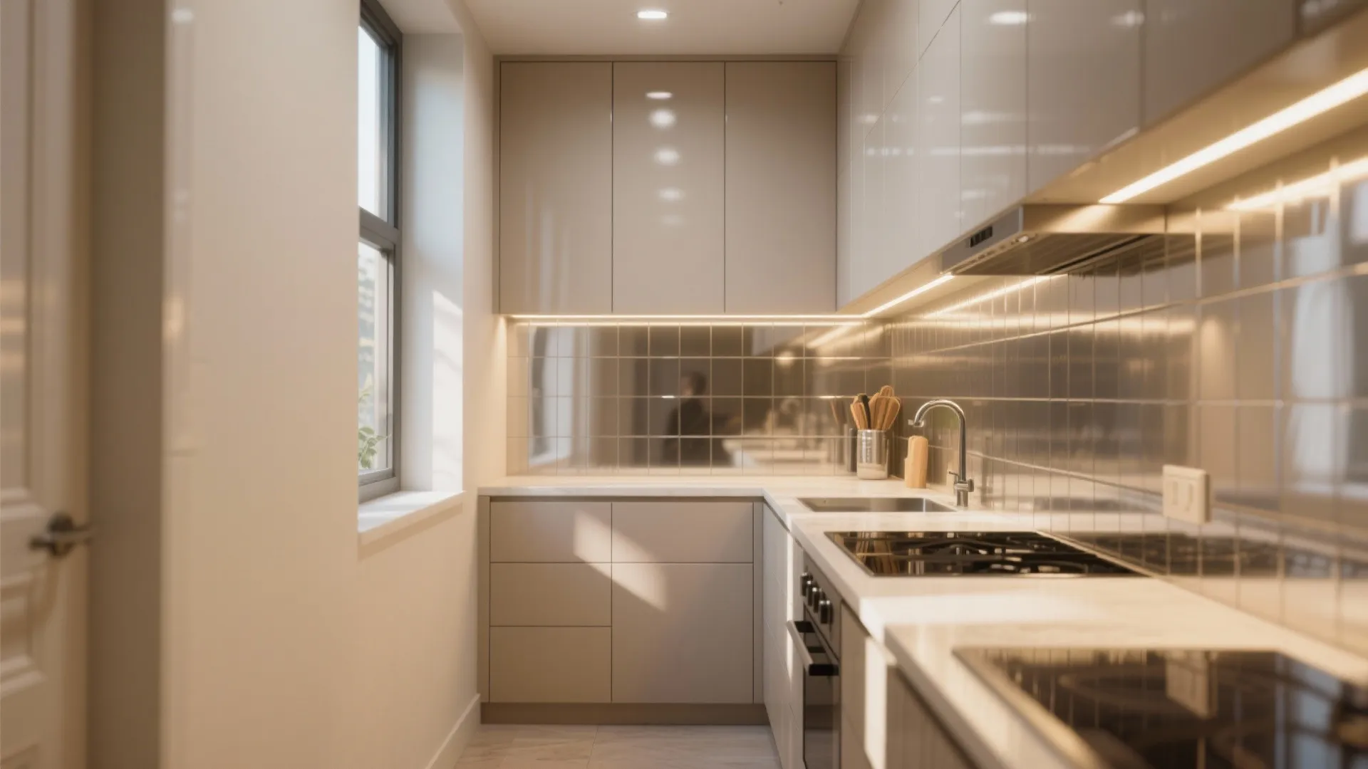 5. Bright finishes, reflective backsplashes, and smart lighting