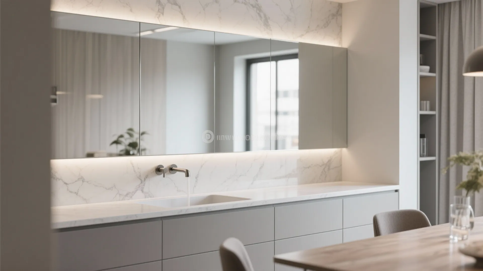 Grey kitchen cabinets with marble wall panels a large mirror and light fixture above sink
