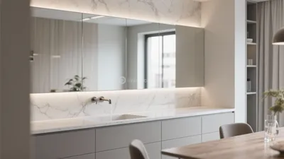 Modern Kitchen with Marble Backsplash and Hidden Lighting