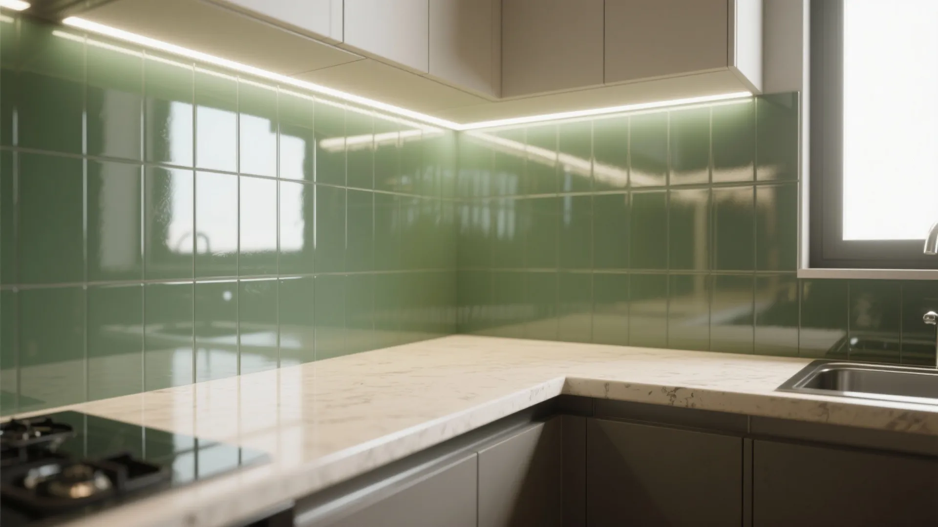 Glossy backsplash and under-cabinet LEDs brightening a small L-shaped kitchen corner