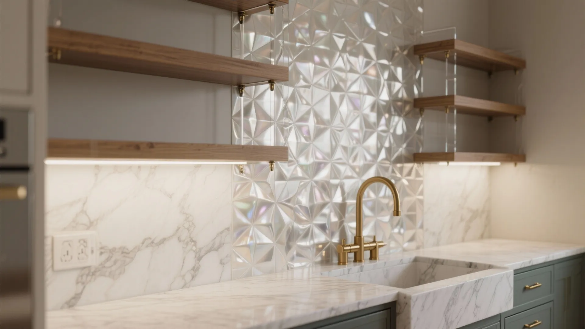 2) Glassy Backsplash Illusion With Reflective Prints