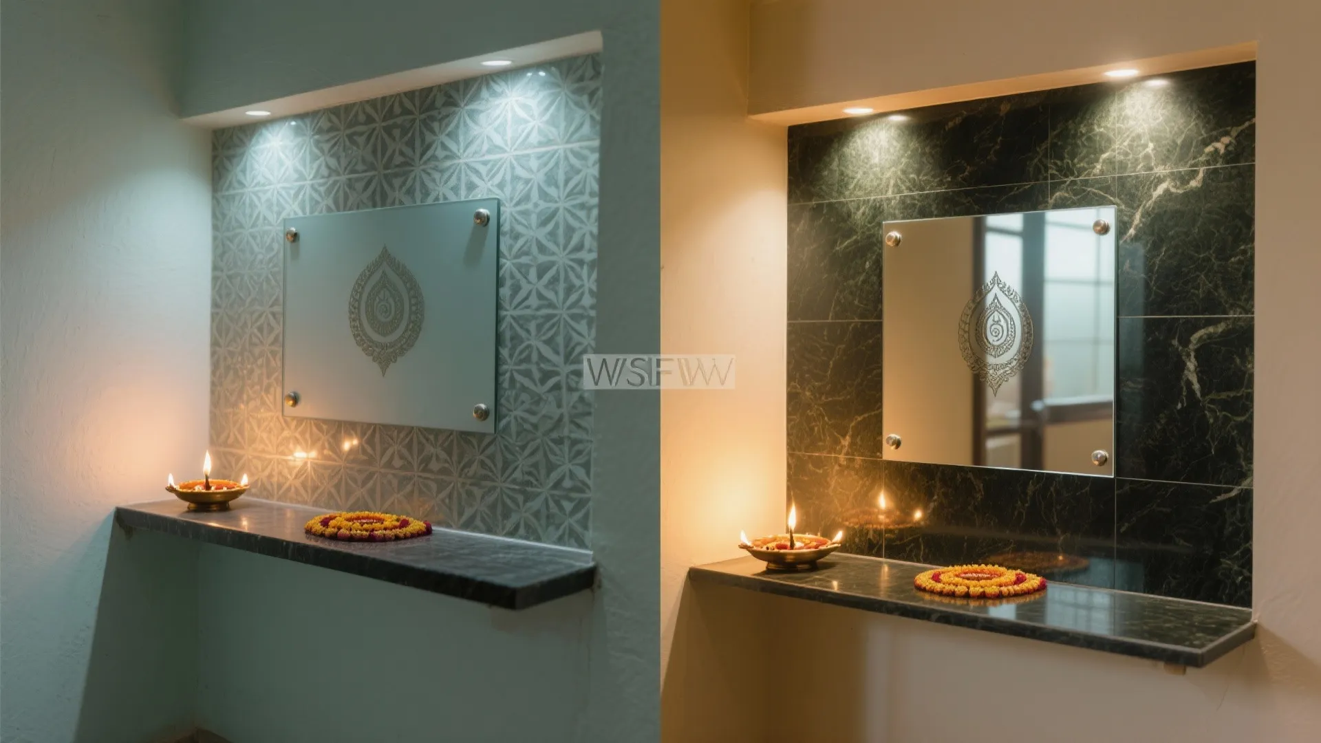 Reflective “lamp-safe” backdrop: stone or tempered glass