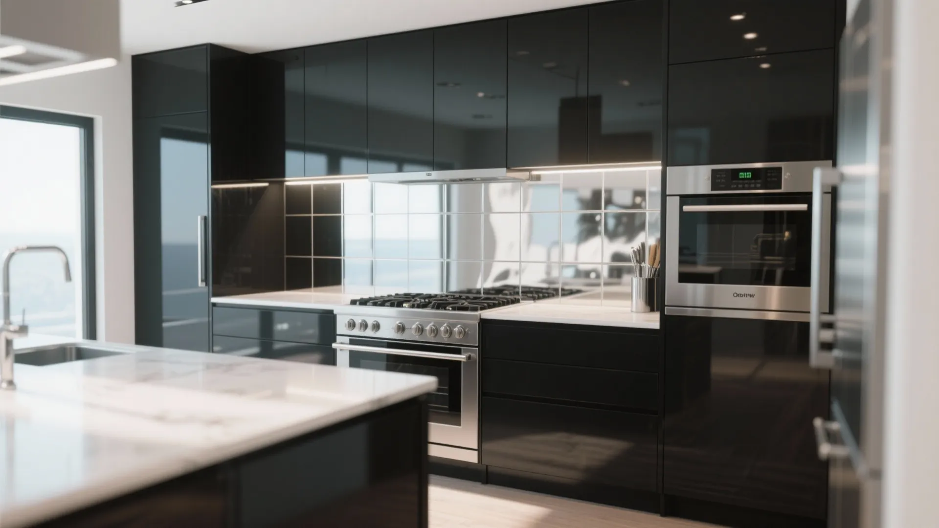 Modern kitchen with glossy black cabinets a reflective tiled backsplash and a white marble island