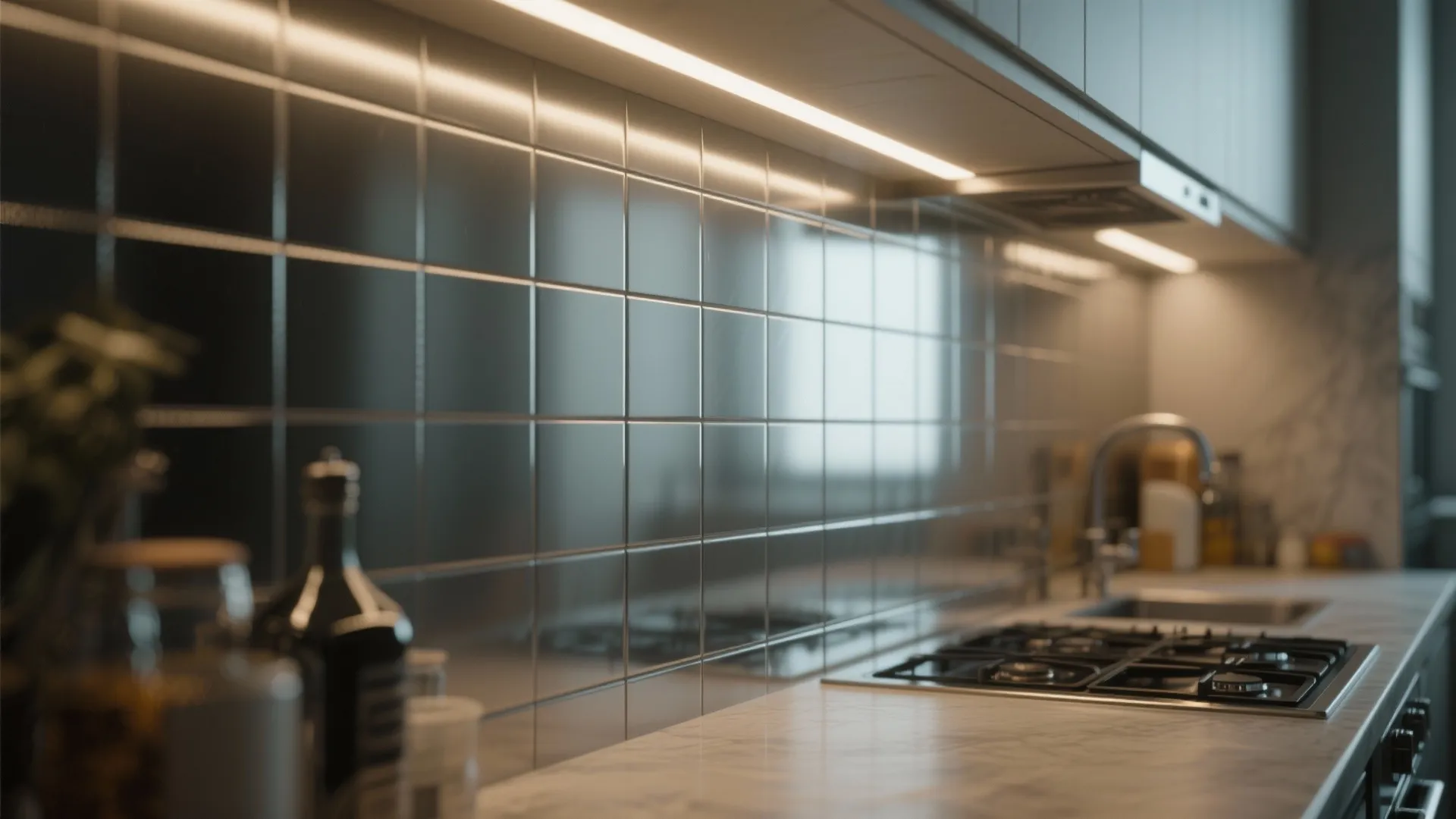 Modern kitchen with shiny square wall tiles and bright light strip under the upper cabinet