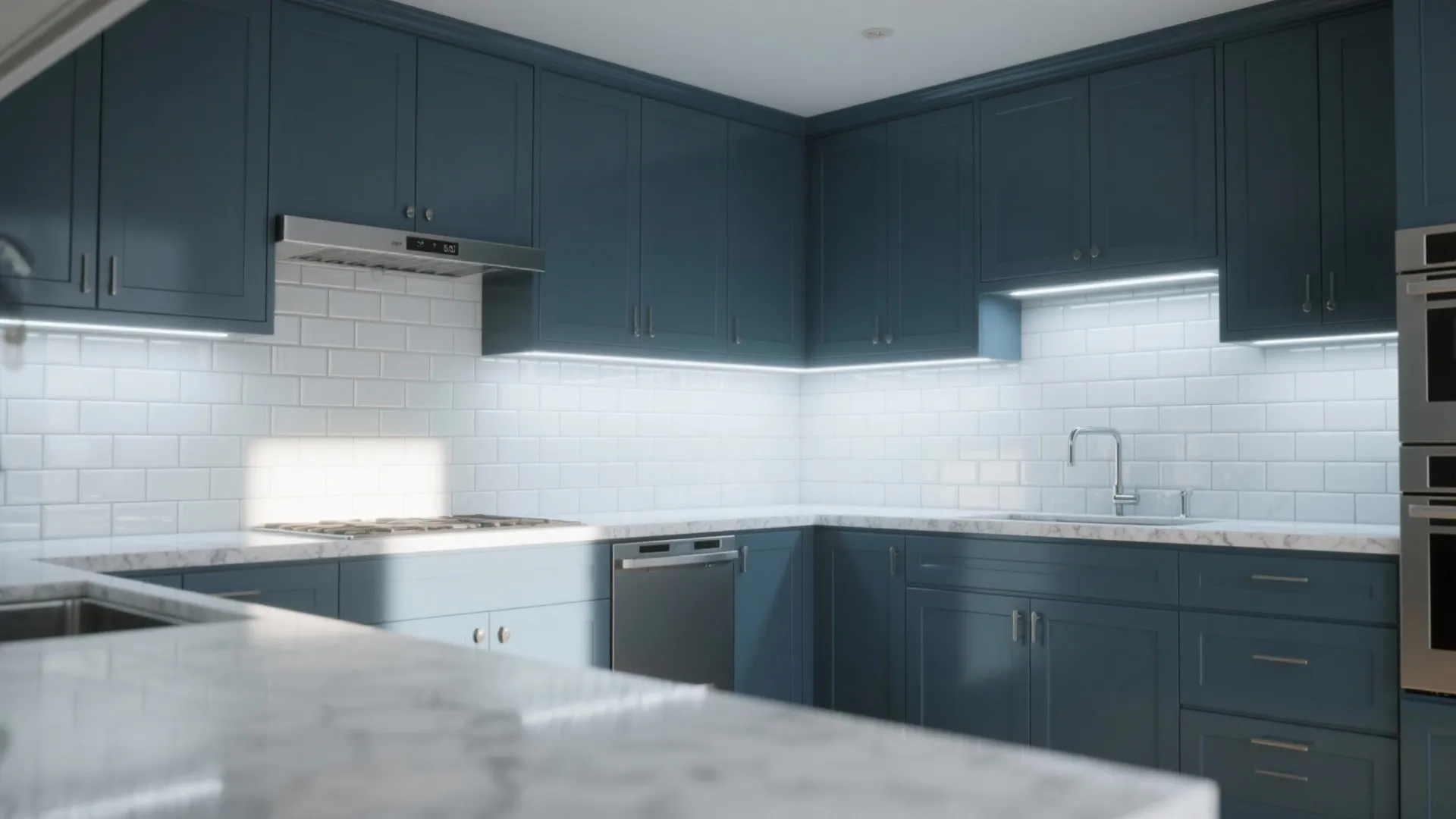 Blue kitchen cabinets with white brick wall tiles under cabinet lighting and marble stone countertops