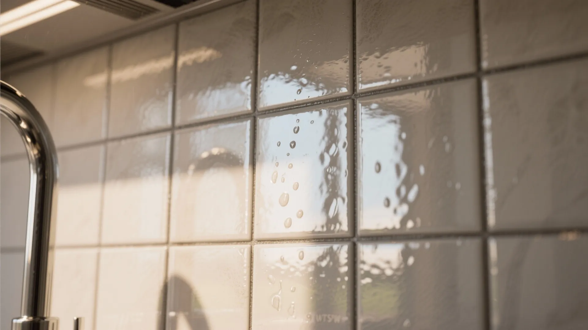 Close up of glossy white wall tiles with water droplets and reflection of kitchen light