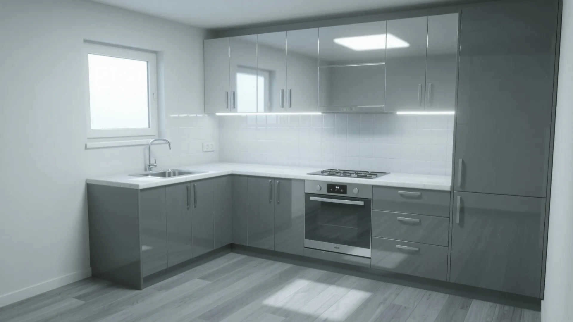 L shaped grey kitchen with glossy cabinets white tile wall stove oven and natural window light