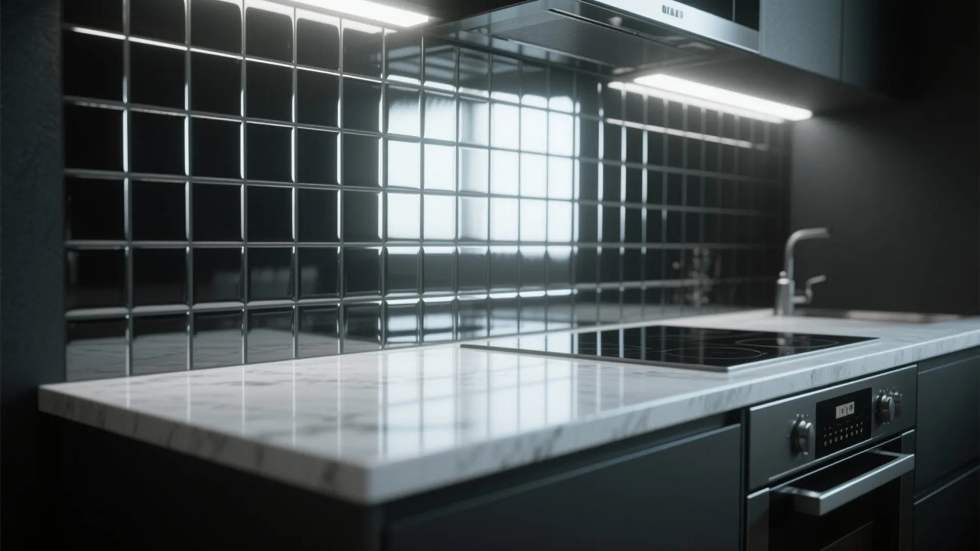 Modern kitchen with black square wall tiles white marble counter and built in cooking stove