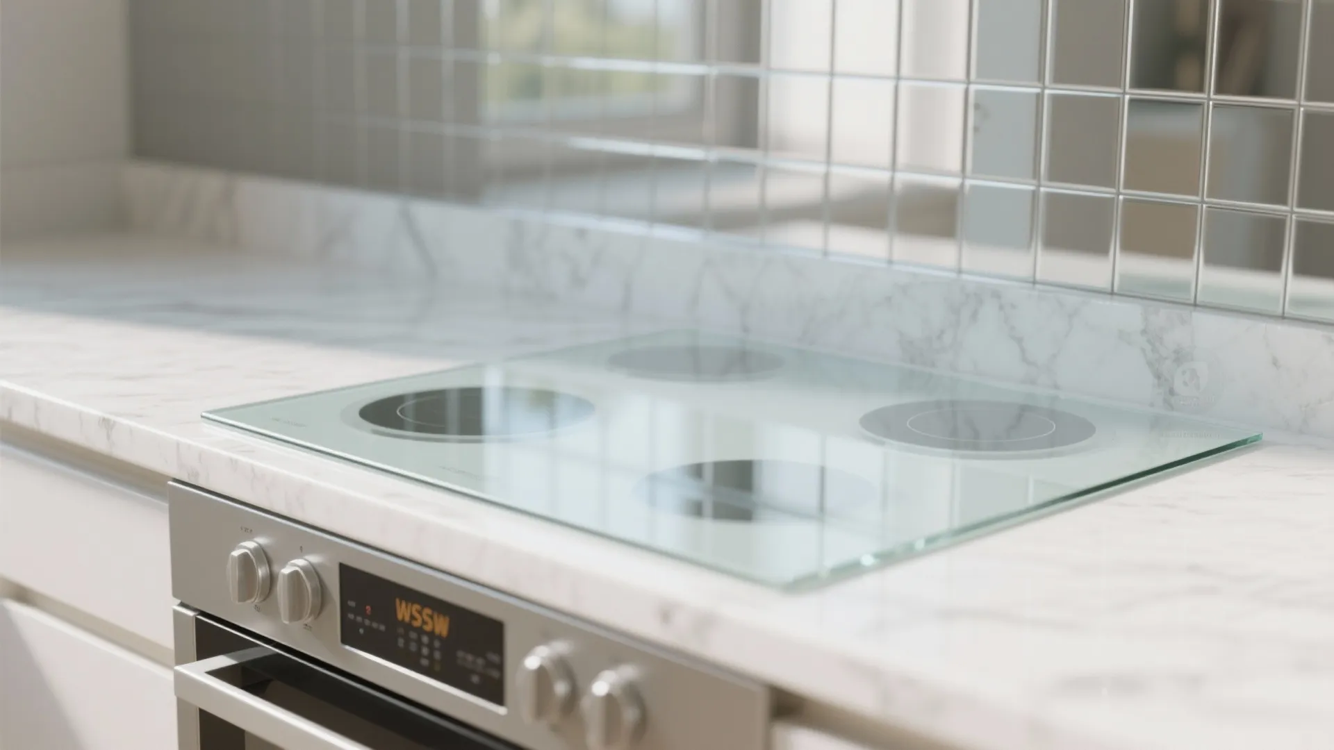 Modern kitchen with white marble countertop glass electric stove and reflective mirror wall tile backsplash