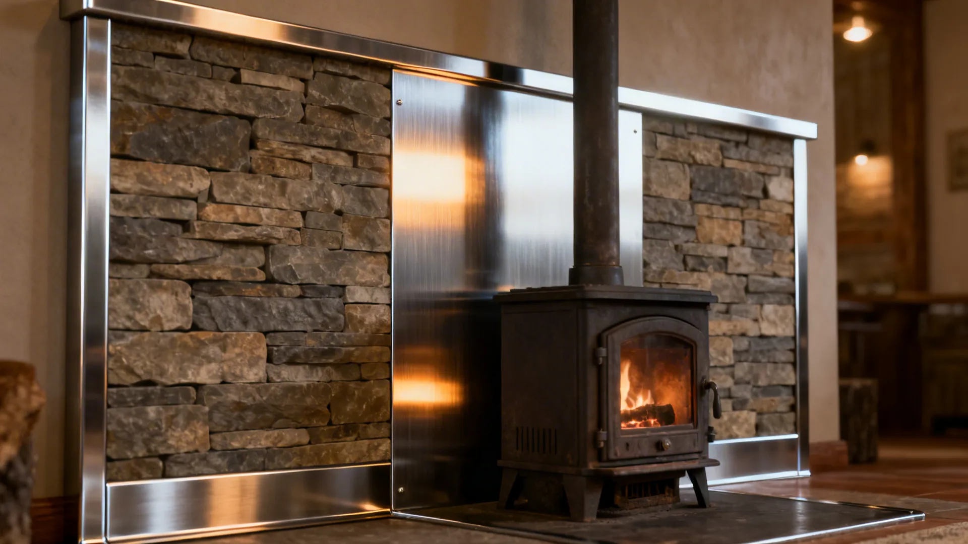 Stainless and stone veneer backsplash behind a small stove reflecting warmth into the room.