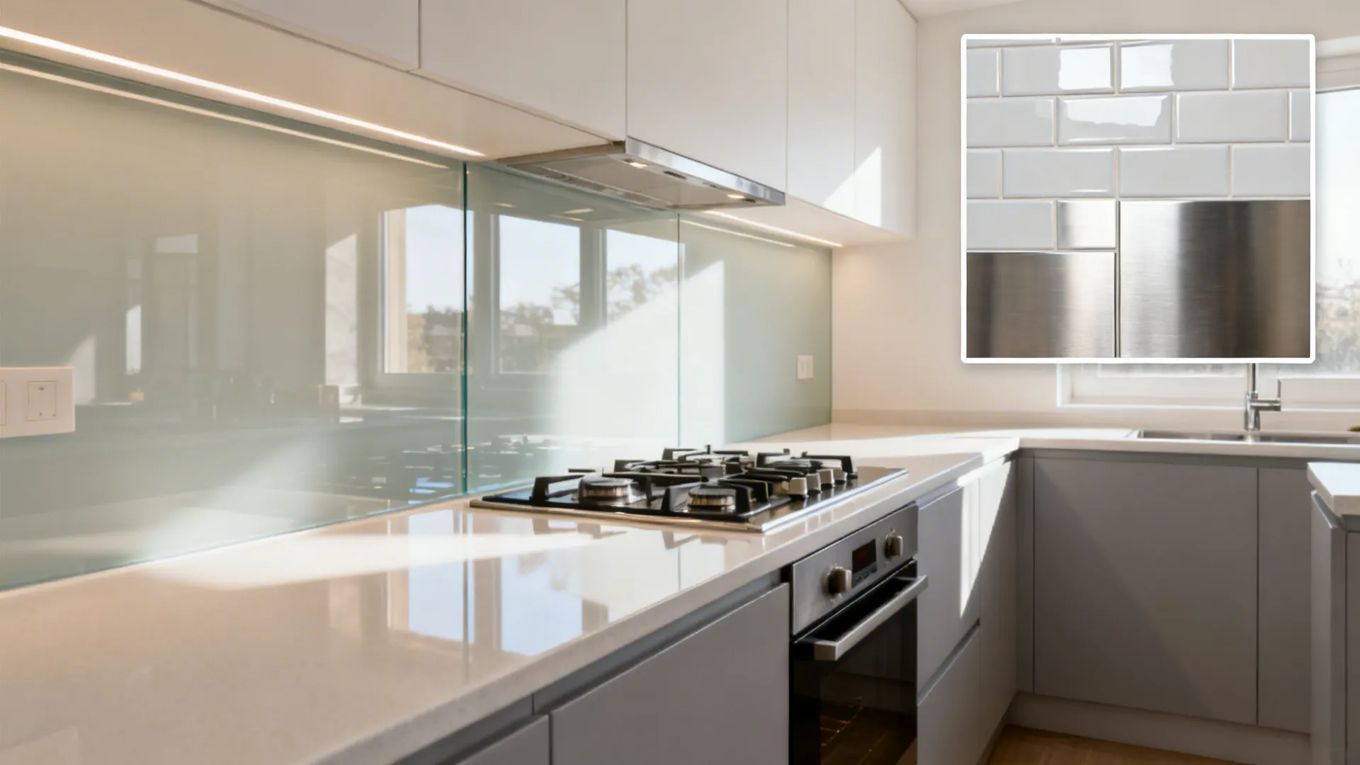 Compact kitchen with a tempered glass backsplash reflecting soft daylight across the worktop.