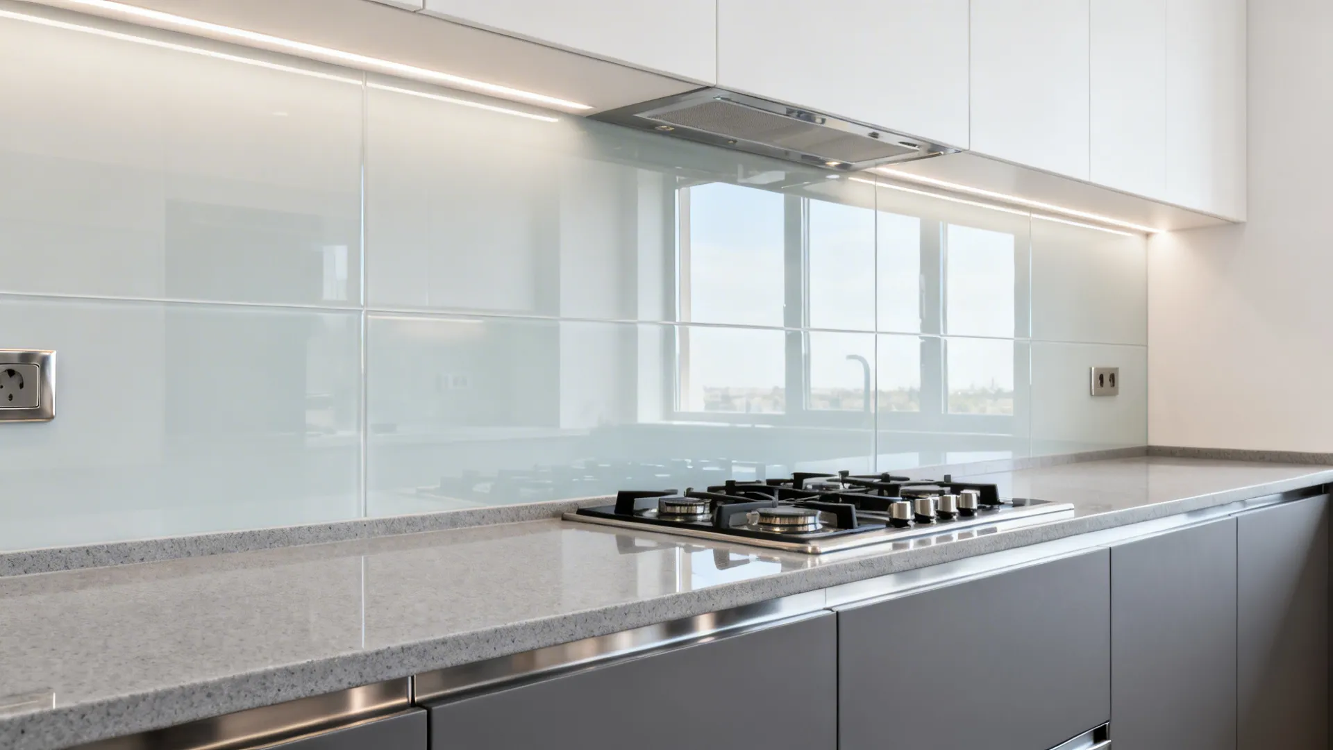 Close-up of glossy glass backsplash reflecting light above a hob in a parallel kitchen.
