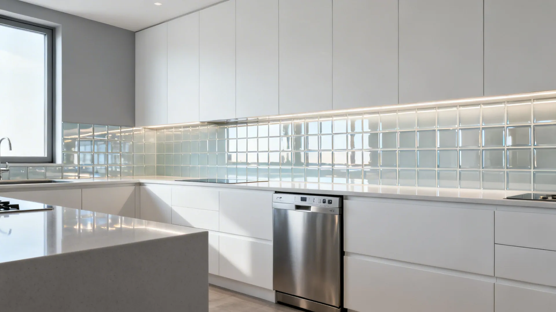 8x8 kitchen with a reflective glass backsplash band that spreads soft daylight across the counter