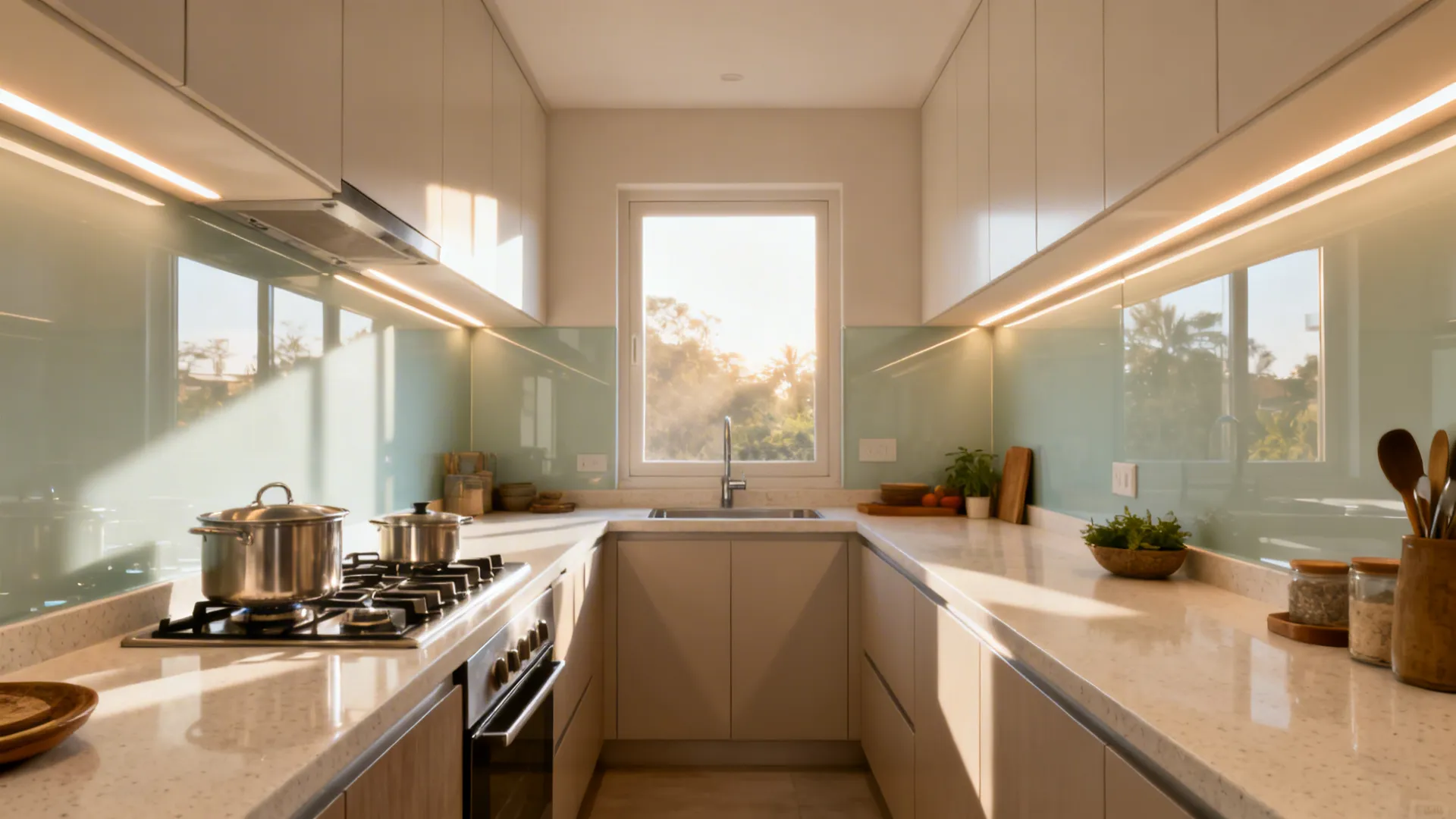 6x8 kitchen with pale quartz and soft-gloss tempered glass backsplash reflecting daylight.