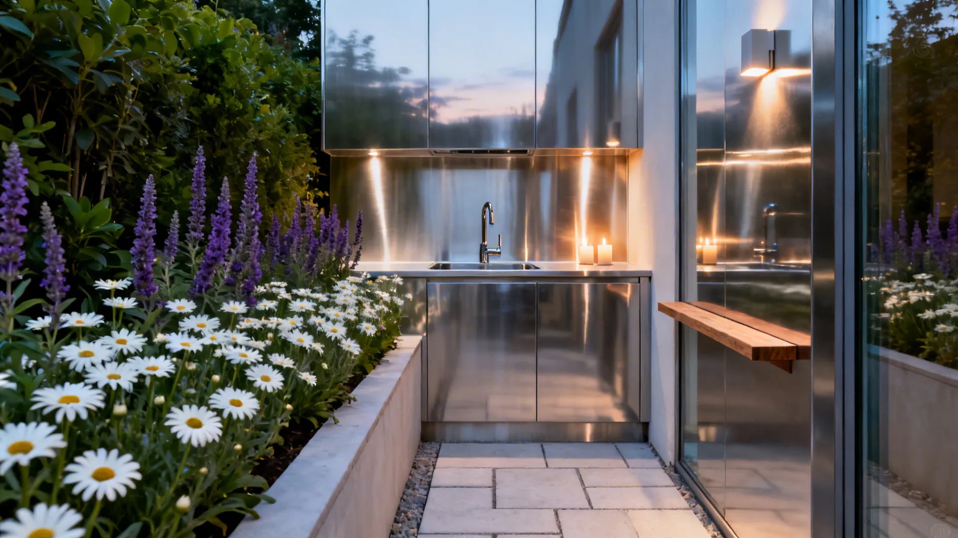 Stainless backsplash reflecting daisies and salvias beside a compact outdoor sink at dusk.