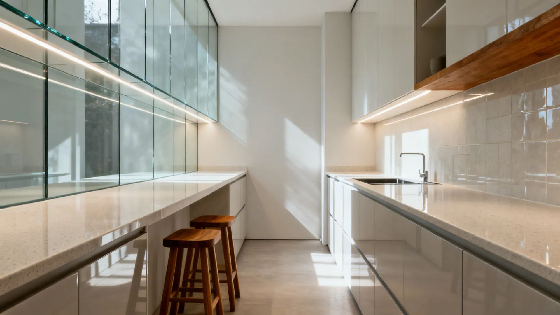 Parallel kitchen with low-iron glass backsplash and pale quartz counters reflecting soft light.