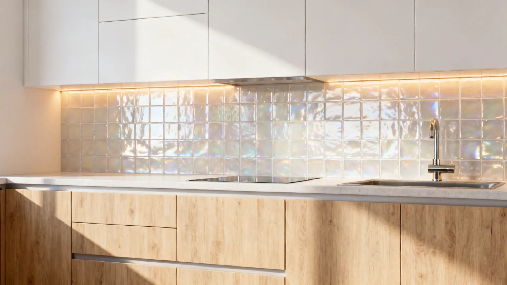 A luminous glass-like backsplash reflects warm under-cabinet light in a tidy galley kitchen.