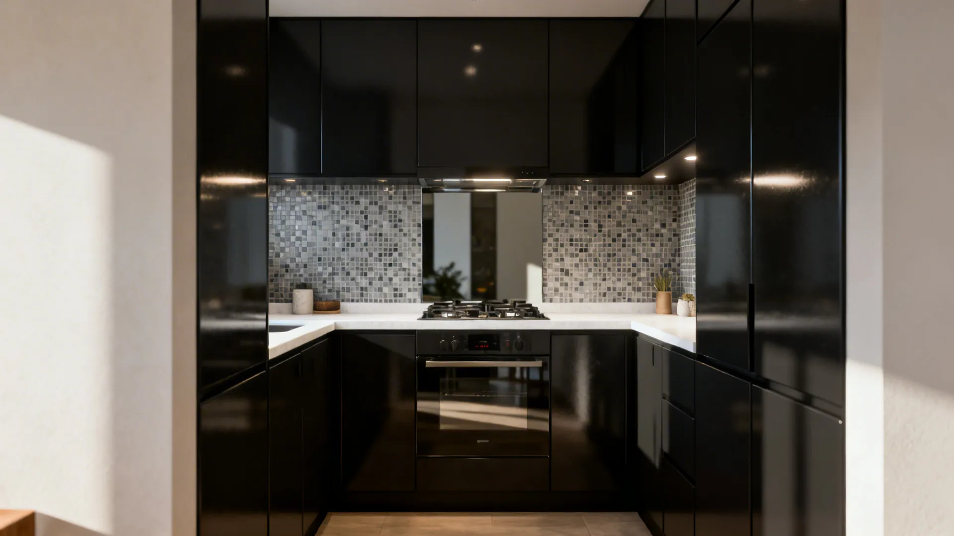 Dark galley kitchen with glossy zellige backsplash, smoked mirror, and satin white quartz counters.