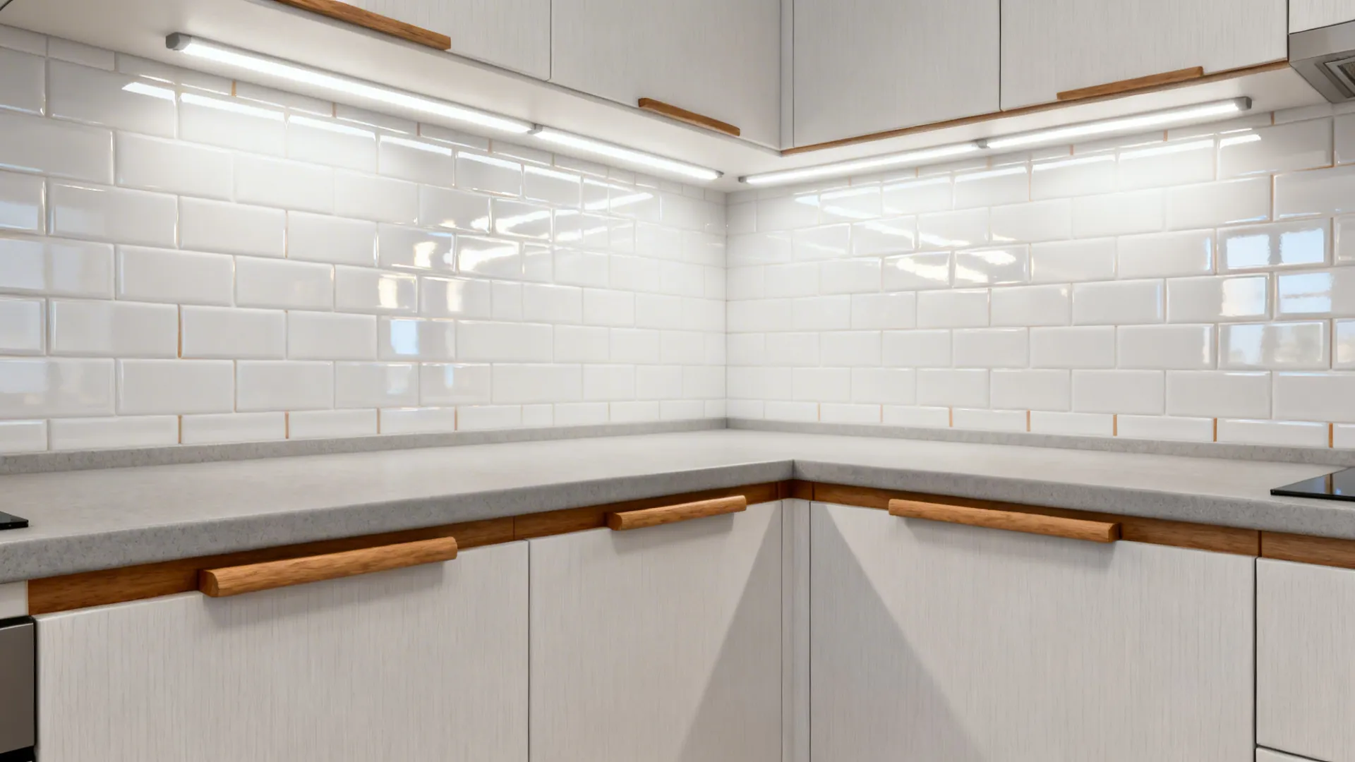Glossy white backsplash reflecting task lights above matte counters in a compact kitchen.