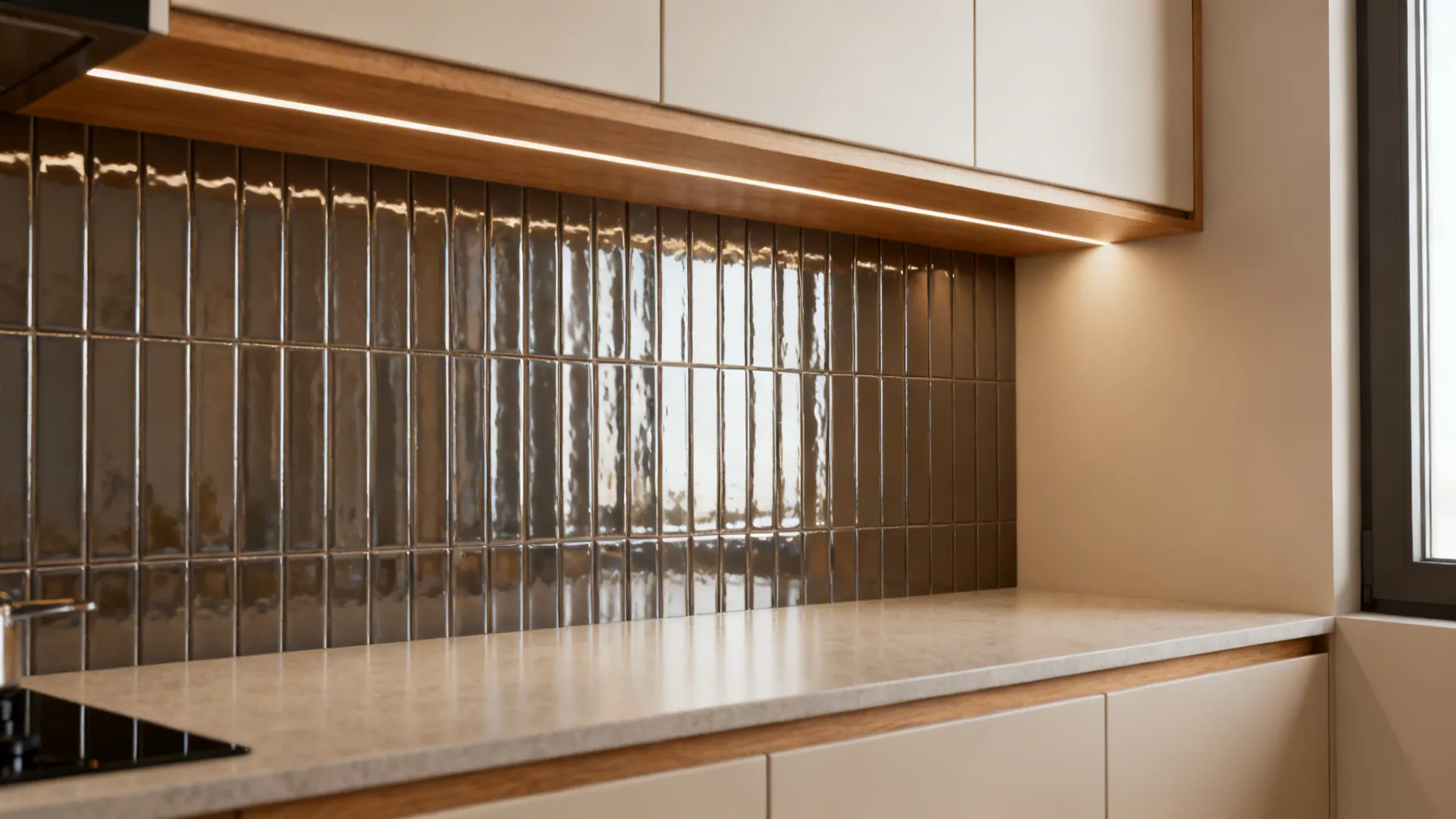Glossy reflective backsplash with pale cabinets and vertical tile pattern brightening a small kitchen