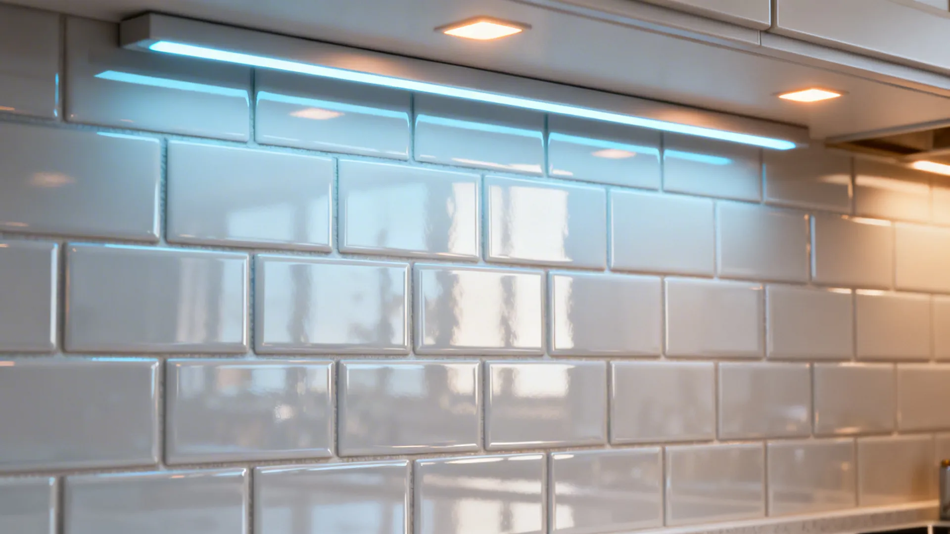 Glossy backsplash reflecting under-cabinet and ambient lighting to make a small kitchen appear larger.