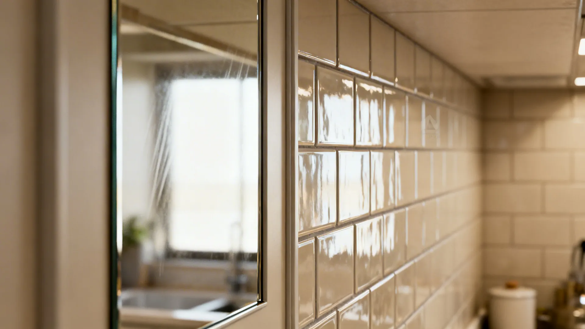 Reflective subway-tile backsplash and slim mirror panel brightening a small kitchen