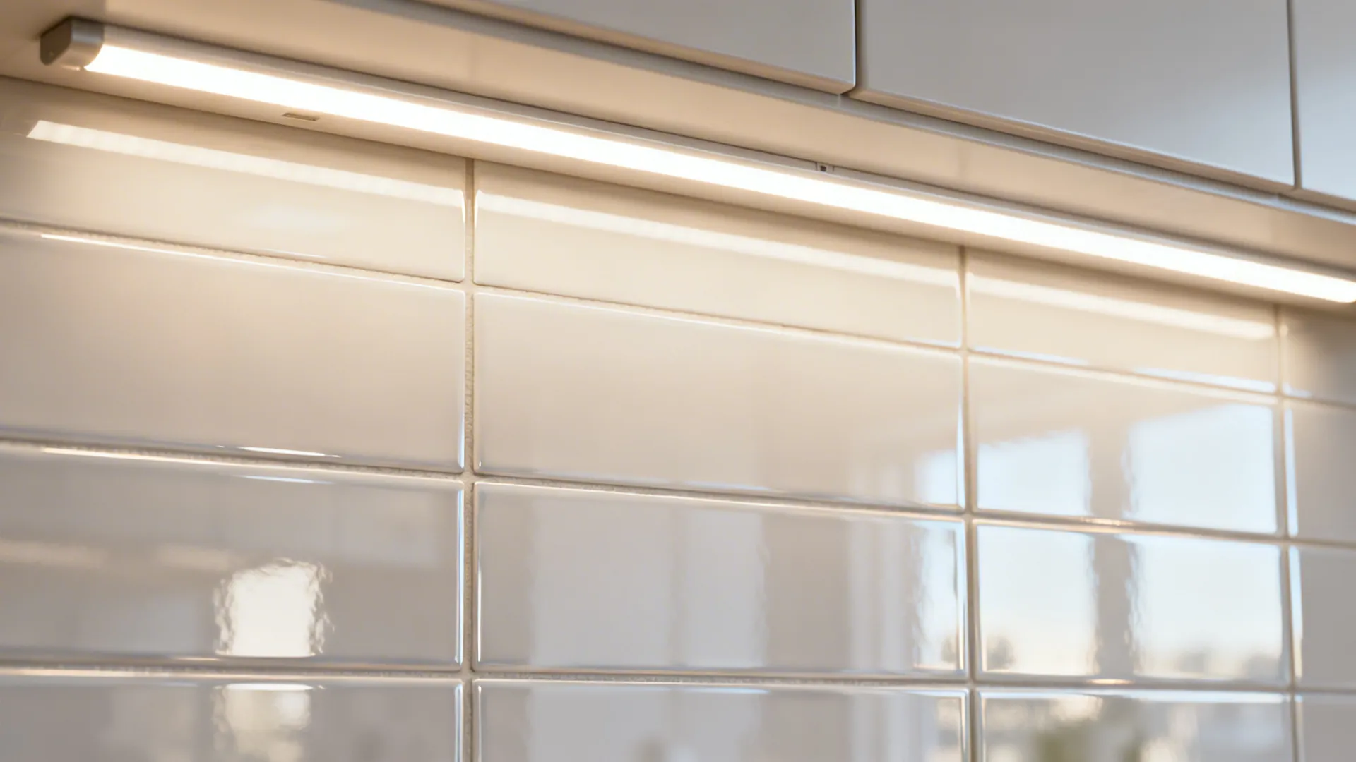 Close-up of a light-reflecting backsplash with under-cabinet lighting brightening a small kitchen.