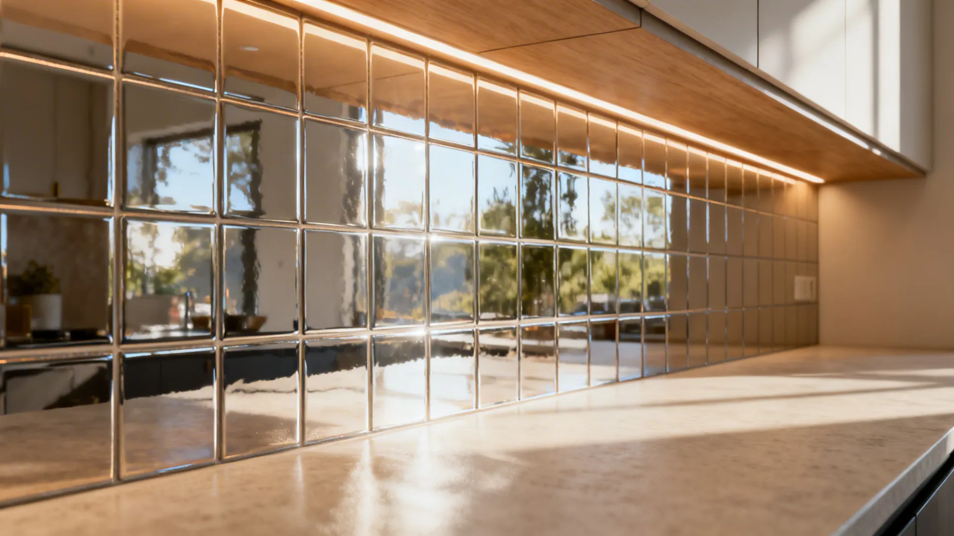 Reflective subway tile backsplash with warm under-cabinet lighting amplifying a small kitchen's brightness.