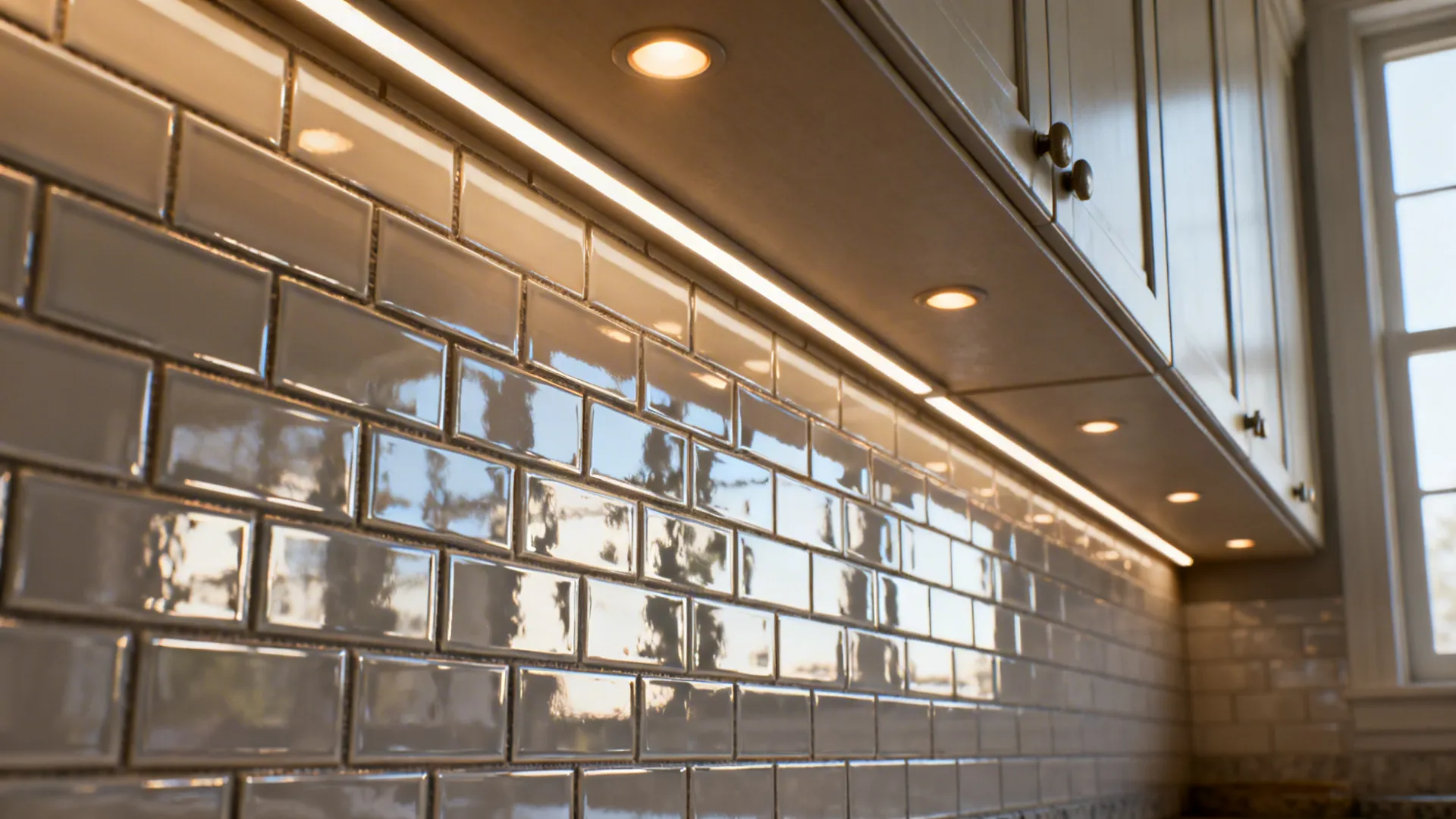 Glossy reflective subway tile backsplash with layered lighting expanding a small kitchen visually