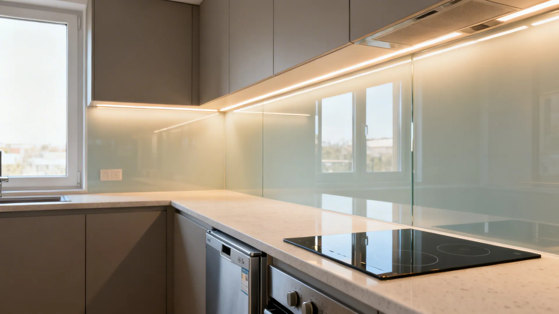 L-shaped kitchen with pale glass backsplash and warm LED strips reflecting soft daylight.