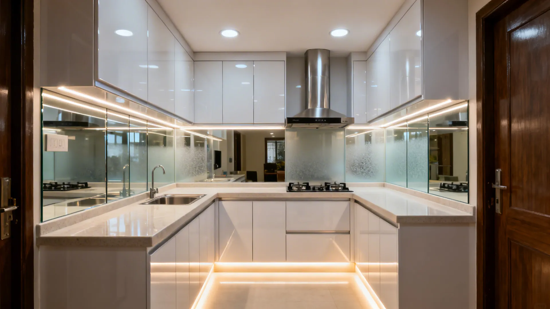 High-gloss acrylic kitchen with reflective glass backsplash and layered LED lighting.