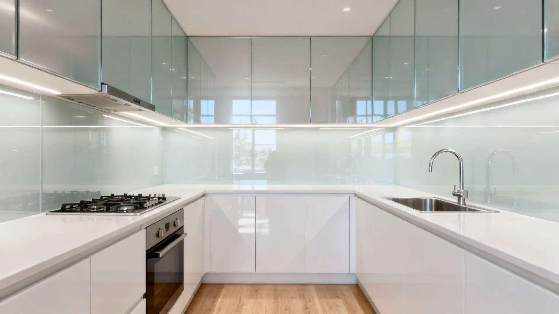 U-shaped kitchen with pale satin glass backsplash reflecting soft light to make the space feel wider.