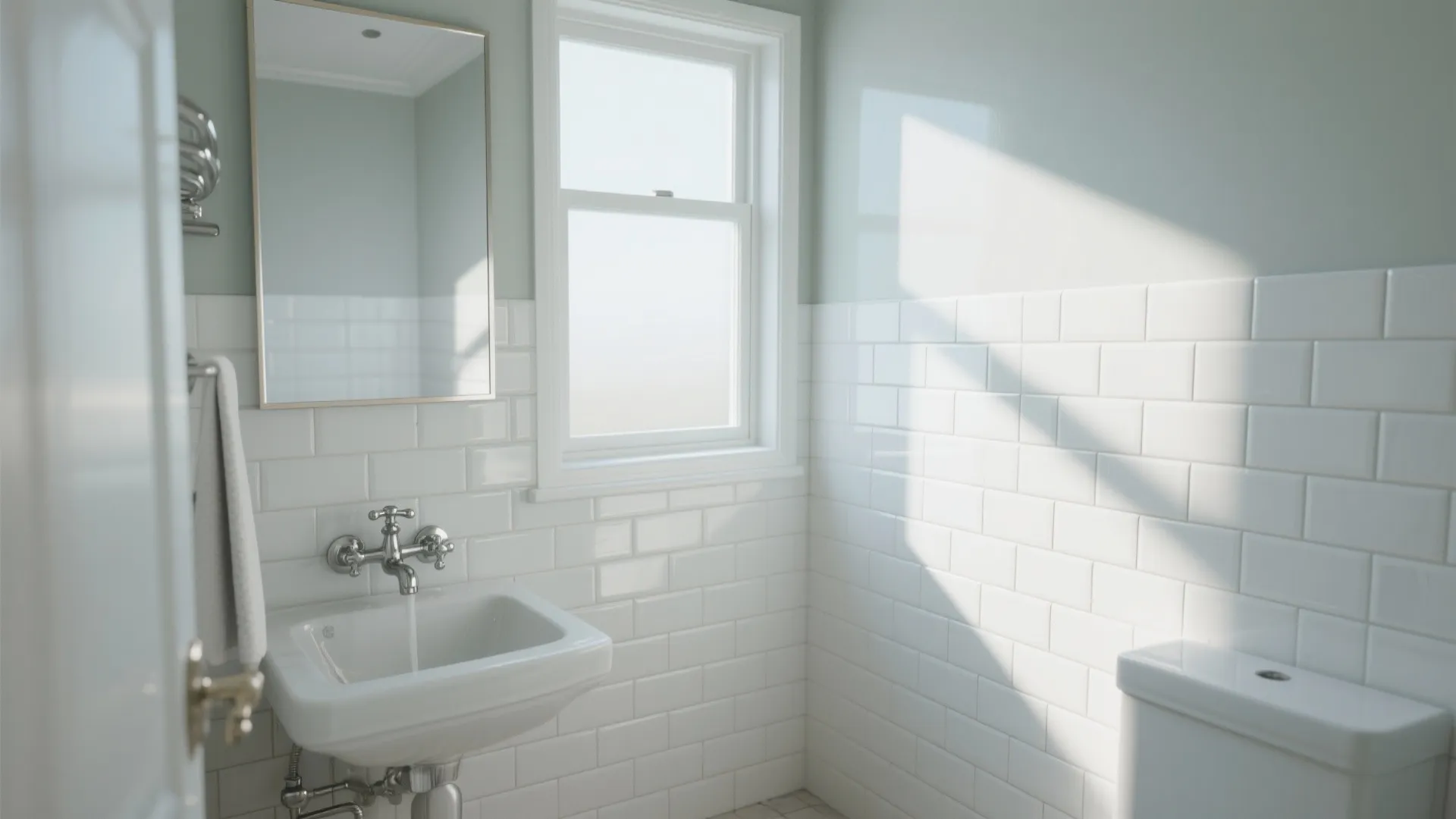 Small bathroom featuring white subway wall tiles white sink mirror window and natural sunlight effect decoration