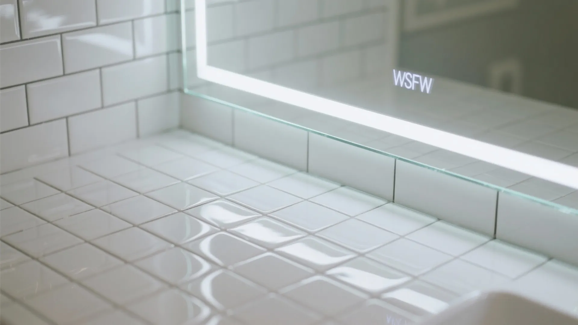 Close up of white square wall tiles and a glowing mirror with modern bathroom lighting