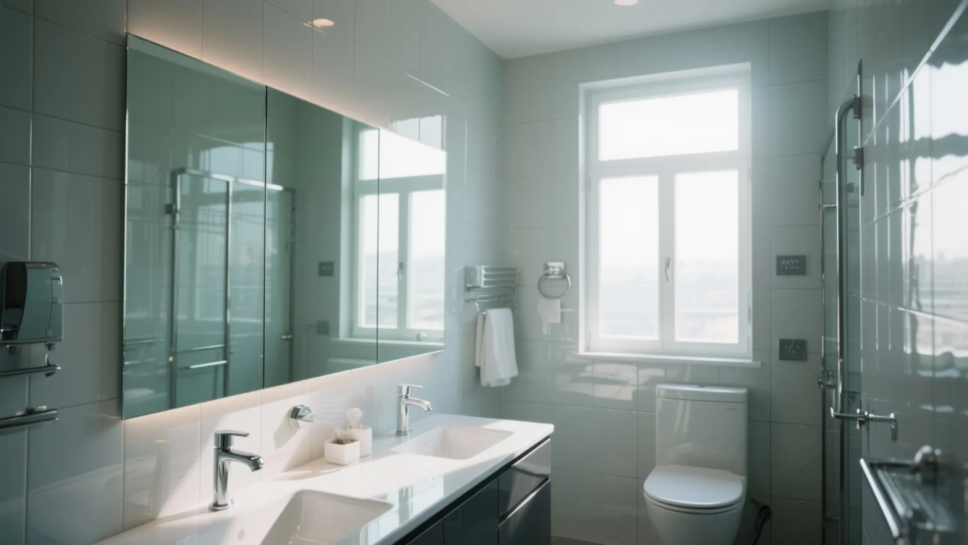Bright bathroom with large mirror over double sinks and white toilet near a large window