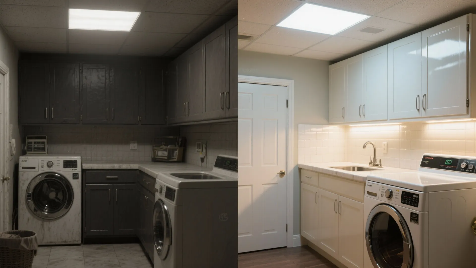 Before and after comparison of a dark laundry room versus a bright modern clean laundry space